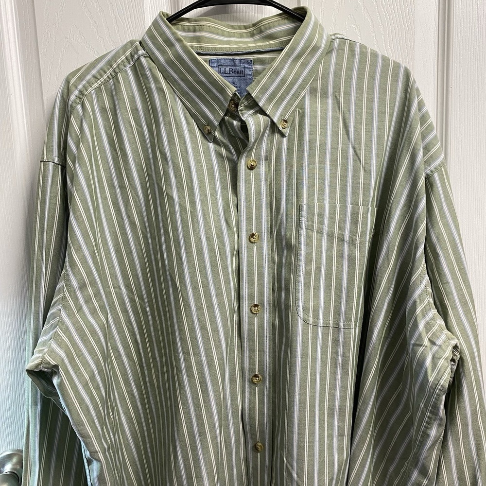 LL Bean Mens Dress Shirt Button Down 100% Cotton Green Striped Sz.XXL‎ TALL EUC